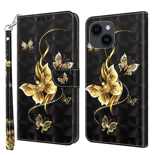 Para iPhone 15 Funda de Cuero Pintada En 3D (Mariposa Golondrina Dorada) - MOVILSTORE