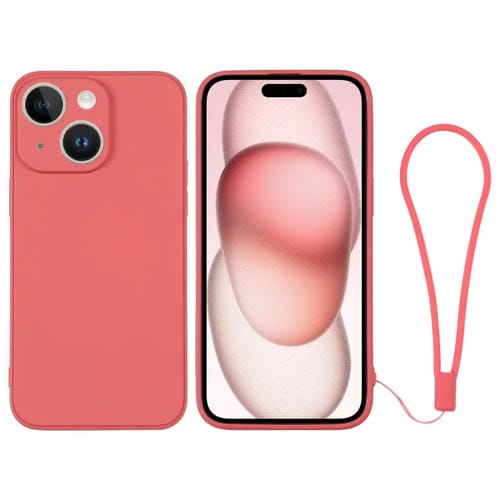 Para iPhone 15 Funda de Silicona para Teléfono con Correa para la Muñeca (Naranja Rojo) - MOVILSTORE