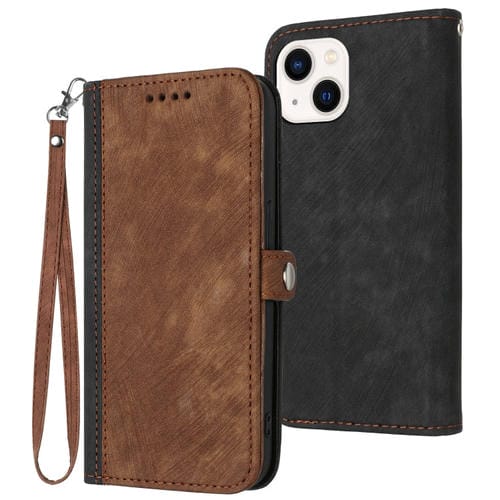 Para iPhone 15 Funda de Teléfono de Cuero con Correa de Mano con Doble Pliegue y Hebilla Lateral (Marrón) - MOVILSTORE