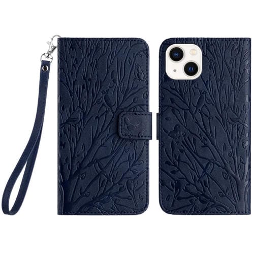 Para iPhone 15 Funda de Teléfono de Cuero con Patrón En Relieve de Pájaros de Árbol (Azul) - MOVILSTORE