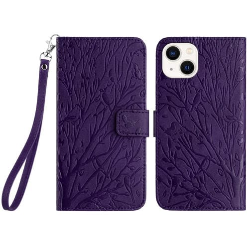 Para iPhone 15 Funda de Teléfono de Cuero con Patrón En Relieve de Pájaros de Árbol (Púrpura) - MOVILSTORE