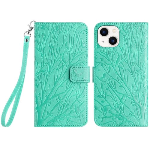 Para iPhone 15 Funda de Teléfono de Cuero con Patrón En Relieve de Pájaros de Árbol (Verde) - MOVILSTORE