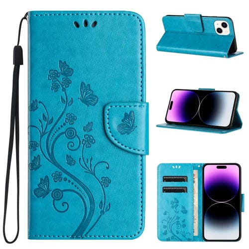Para iPhone 15 Funda de Teléfono de Cuero con Tapa con Patrón de Flores de Mariposa (Azul) - MOVILSTORE