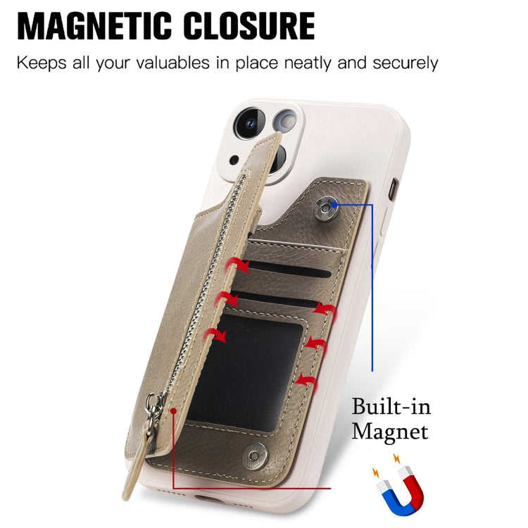 Para iPhone 15 Funda para Teléfono con Cremallera y Parte Trasera de Cuero a Prueba de Golpes (Caqui) - MOVILSTORE