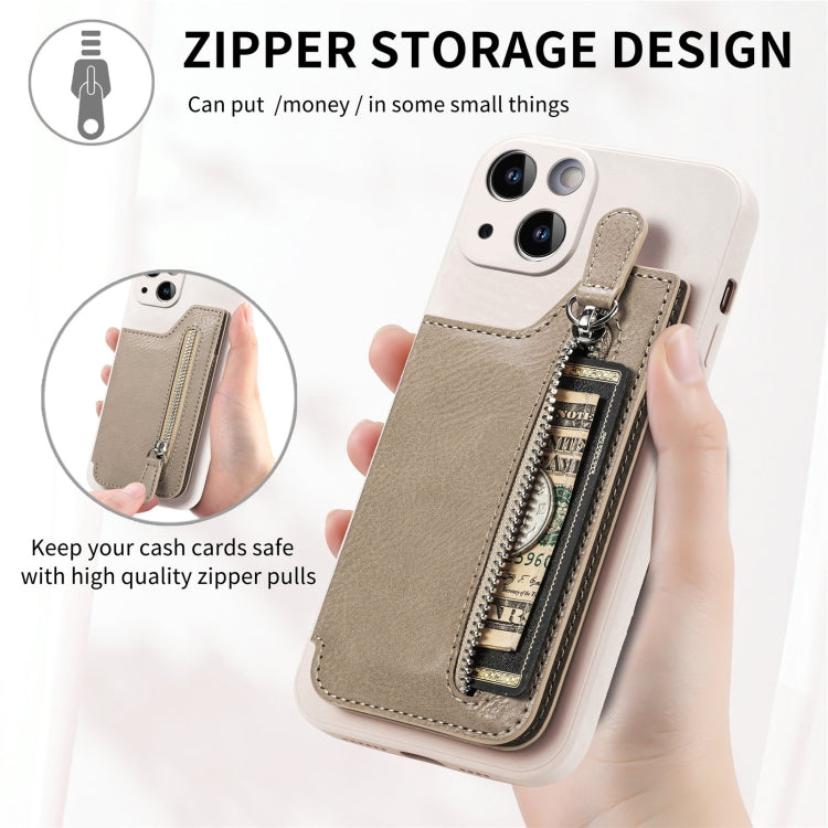 Para iPhone 15 Funda para Teléfono con Cremallera y Parte Trasera de Cuero a Prueba de Golpes (Caqui) - MOVILSTORE