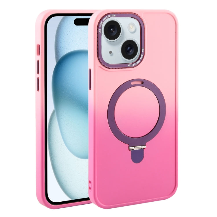 Para iPhone 15 Funda para Teléfono con Soporte Magsafe Degradado de Silicona Líquida (Rosa Rojo) - MOVILSTORE