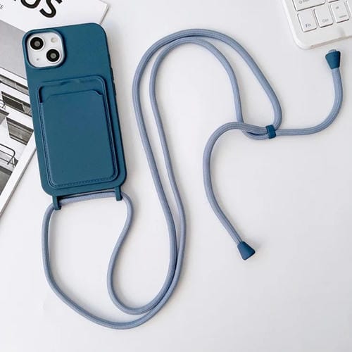 Para iPhone 15 Funda para Teléfono con TaRJetero de Silicona Elástica con Cordón Cruzado (Azul) - MOVILSTORE