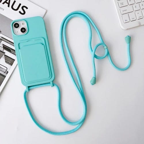 Para iPhone 15 Funda para Teléfono con TaRJetero de Silicona Elástica con Cordón Cruzado (Azul Cielo) - MOVILSTORE