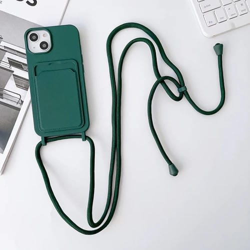 Para iPhone 15 Funda para Teléfono con TaRJetero de Silicona Elástica con Cordón Cruzado (Verde Oscuro) - MOVILSTORE