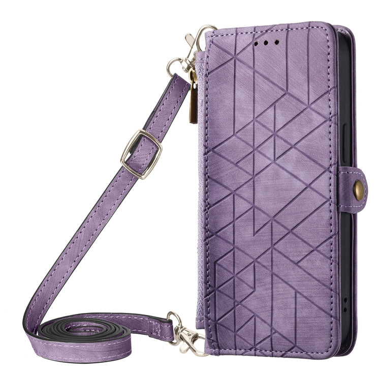 Para iPhone 15 Funda para Teléfono de Cuero con Hebilla Lateral y Billetera con Cremallera Geométrica y Cordón Cruzado (Púrpura) - MOVILSTORE