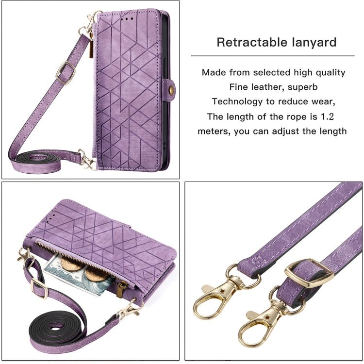 Para iPhone 15 Funda para Teléfono de Cuero con Hebilla Lateral y Billetera con Cremallera Geométrica y Cordón Cruzado (Púrpura) - MOVILSTORE