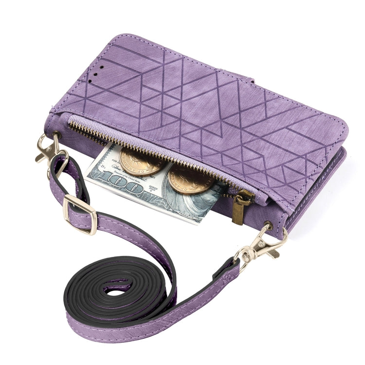 Para iPhone 15 Funda para Teléfono de Cuero con Hebilla Lateral y Billetera con Cremallera Geométrica y Cordón Cruzado (Púrpura) - MOVILSTORE