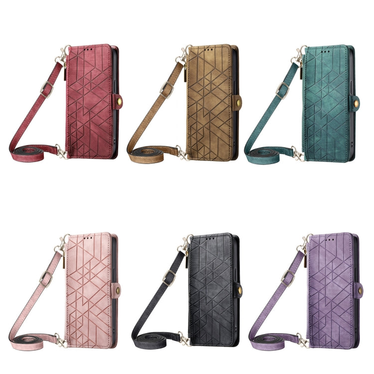 Para iPhone 15 Funda para Teléfono de Cuero con Hebilla Lateral y Billetera con Cremallera Geométrica y Cordón Cruzado (Púrpura) - MOVILSTORE