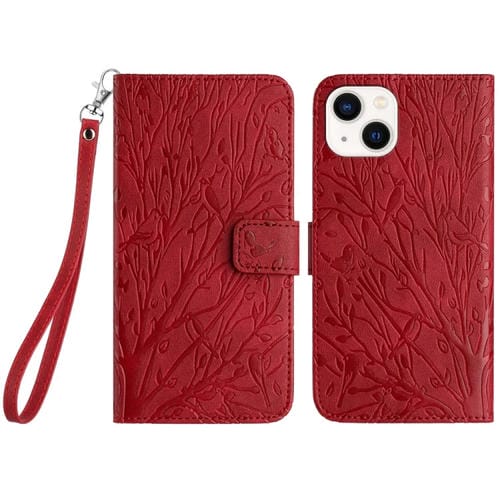 Para iPhone 15 Funda para Teléfono de Cuero con Patrón En Relieve Tree Birds (Rojo) - MOVILSTORE
