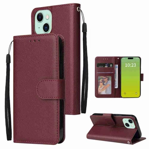 Para iPhone 15 Funda para Teléfono de Cuero con Tapa Horizontal Multifuncional con Tres Ranuras para Tarjetas (Rojo Vino) - MOVILSTORE