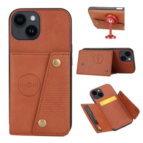 Para iPhone 15 Funda para Teléfono Pu + TPU con Ranuras para Tarjetas con Doble Hebilla (Marrón) - MOVILSTORE