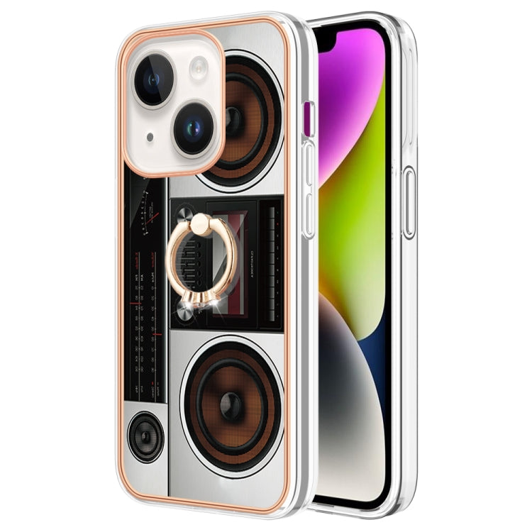 Para iPhone 15 Galvanoplastia Caja de Teléfono Imd de Doble Cara con Soporte para Anillo (Radio Retro) - MOVILSTORE