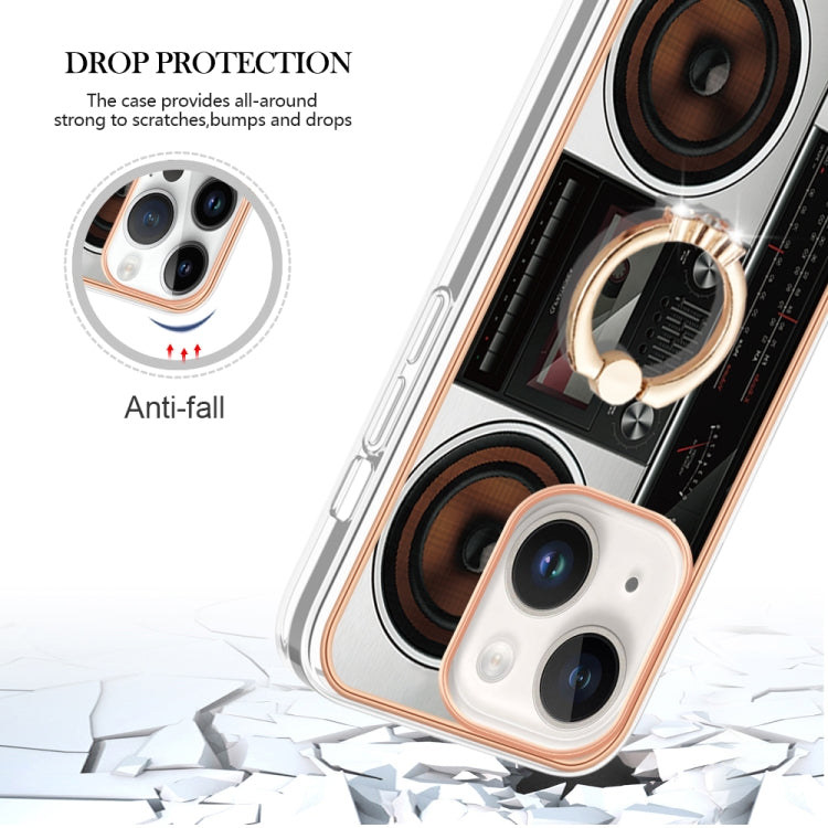 Para iPhone 15 Galvanoplastia Caja de Teléfono Imd de Doble Cara con Soporte para Anillo (Radio Retro) - MOVILSTORE