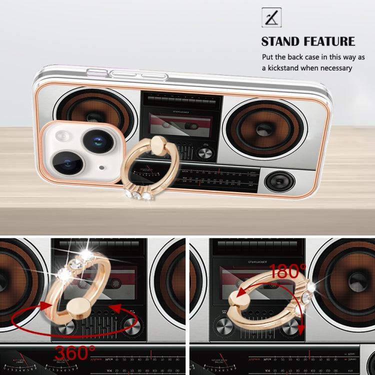 Para iPhone 15 Galvanoplastia Caja de Teléfono Imd de Doble Cara con Soporte para Anillo (Radio Retro) - MOVILSTORE