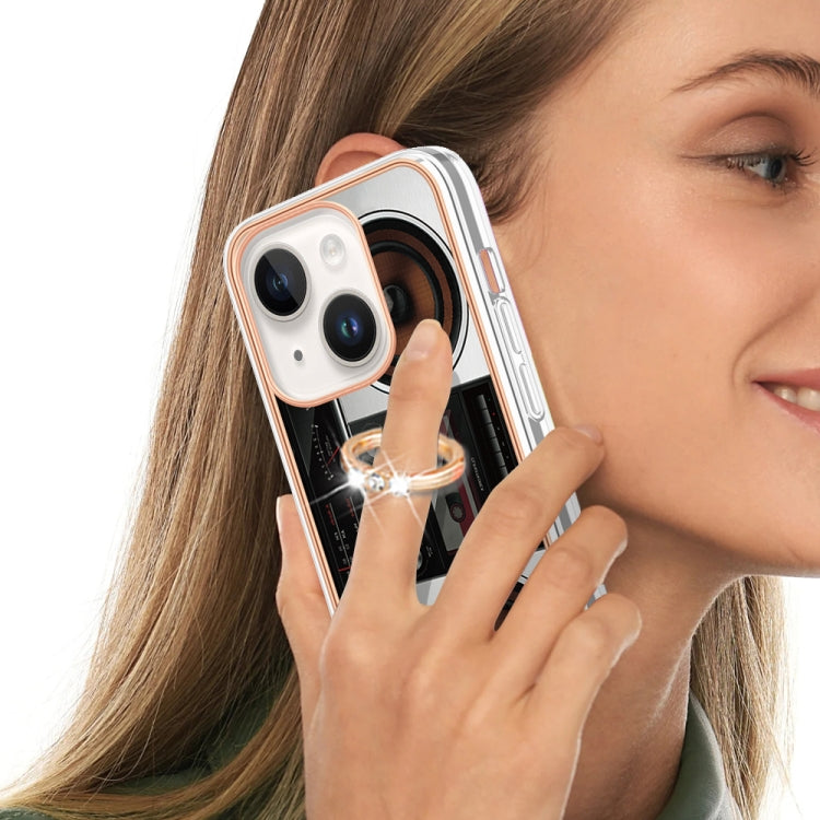 Para iPhone 15 Galvanoplastia Caja de Teléfono Imd de Doble Cara con Soporte para Anillo (Radio Retro) - MOVILSTORE