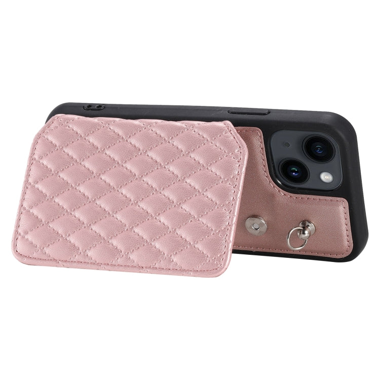 Para iPhone 15 Grid Texture Card Bag Funda para Teléfono con Cordón (Oro Rosa) - MOVILSTORE