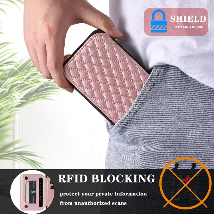 Para iPhone 15 Grid Texture Card Bag Funda para Teléfono con Cordón (Oro Rosa) - MOVILSTORE