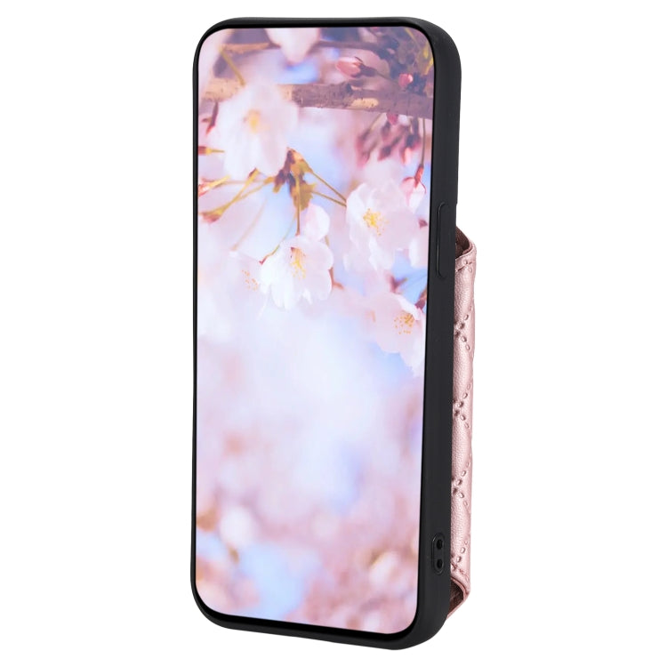 Para iPhone 15 Grid Texture Card Bag Funda para Teléfono con Cordón (Oro Rosa) - MOVILSTORE