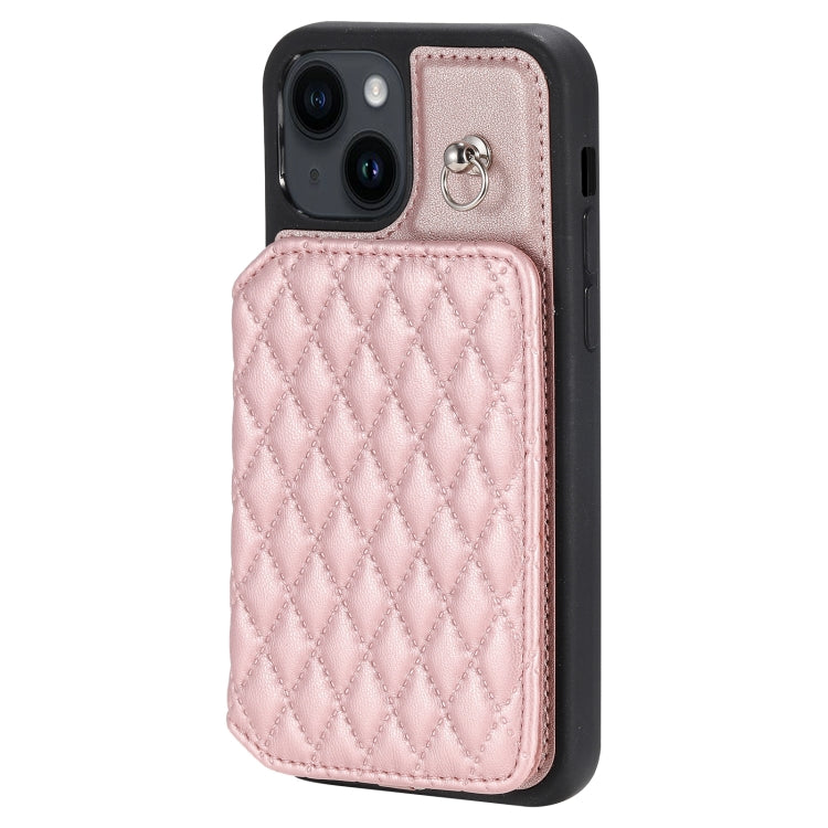 Para iPhone 15 Grid Texture Card Bag Funda para Teléfono con Cordón (Oro Rosa) - MOVILSTORE