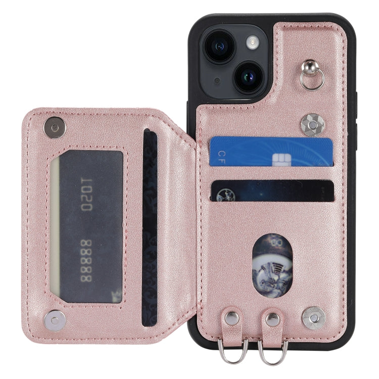 Para iPhone 15 Grid Texture Card Bag Funda para Teléfono con Cordón (Oro Rosa) - MOVILSTORE