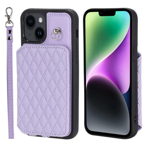 Para iPhone 15 Grid Texture Card Bag Funda para Teléfono con Cordón (Púrpura) - MOVILSTORE