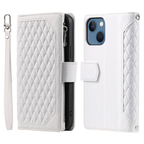 Para iPhone 15 Grid Texture Funda de Cuero con Cremallera para Teléfono con Cordón (Blanco) - MOVILSTORE