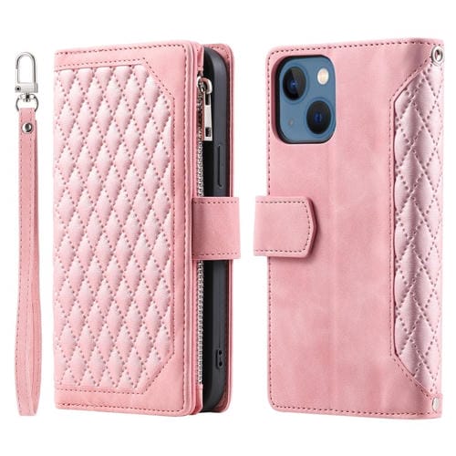 Para iPhone 15 Grid Texture Funda de Cuero con Cremallera para Teléfono con Cordón (Oro Rosa) - MOVILSTORE