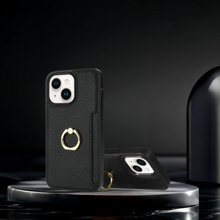 Para iPhone 15 Ring Card Litchi Funda Trasera de Cuero para Teléfono (Negro) - MOVILSTORE