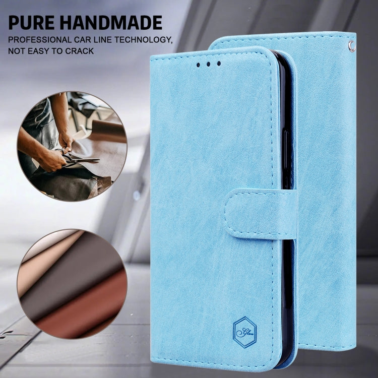 Para iPhone 15 Sensación de Piel Textura de Cuero Aceitoso Funda para Teléfono Pu + TPU (Azul Claro) - MOVILSTORE