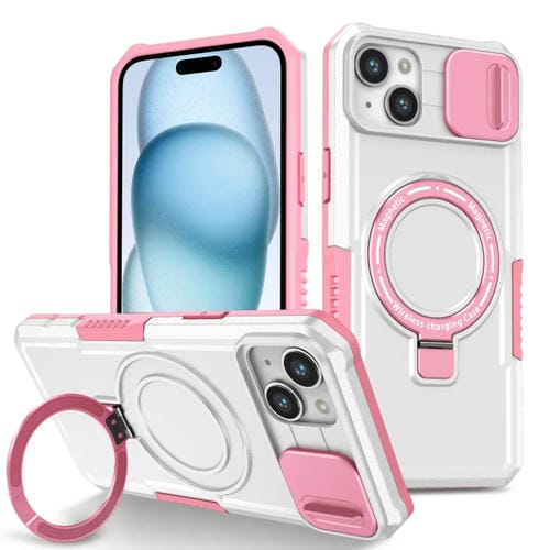 Para iPhone 15 Sliding Camshield Magsafe Holder TPU Hybrid PC Funda para Teléfono (Rosa Blanco) - MOVILSTORE