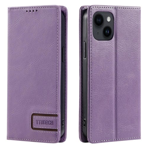 Para iPhone 15 Ttudrch Rfid Funda de Teléfono de Cuero Magnético con Textura Retro (Púrpura) - MOVILSTORE